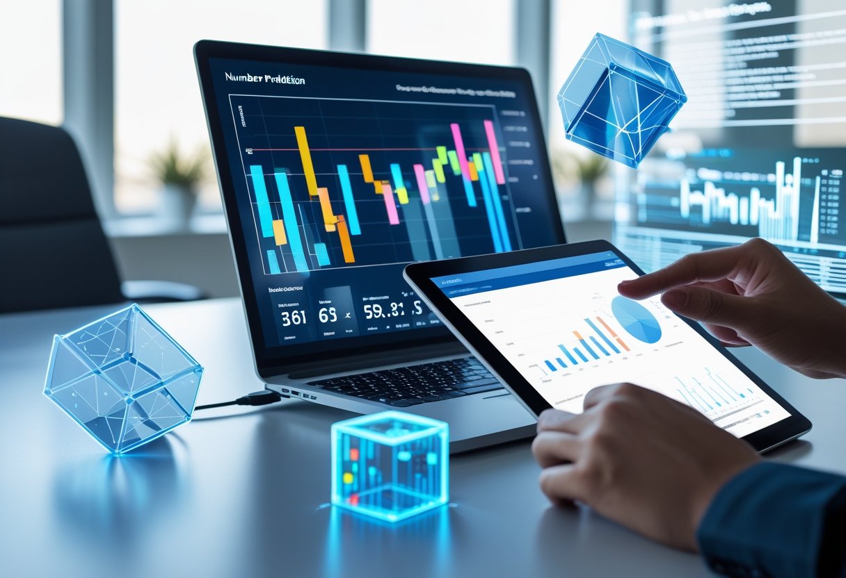 A person working at a desk with a laptop and tablet displaying numerical data and 3D geometric shapes floating above, representing multidimensional number prediction.