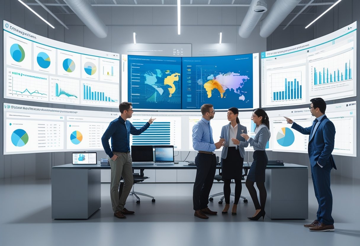 A group of professionals working together at a desk with multiple computer screens showing complex data charts and graphs in a modern office.