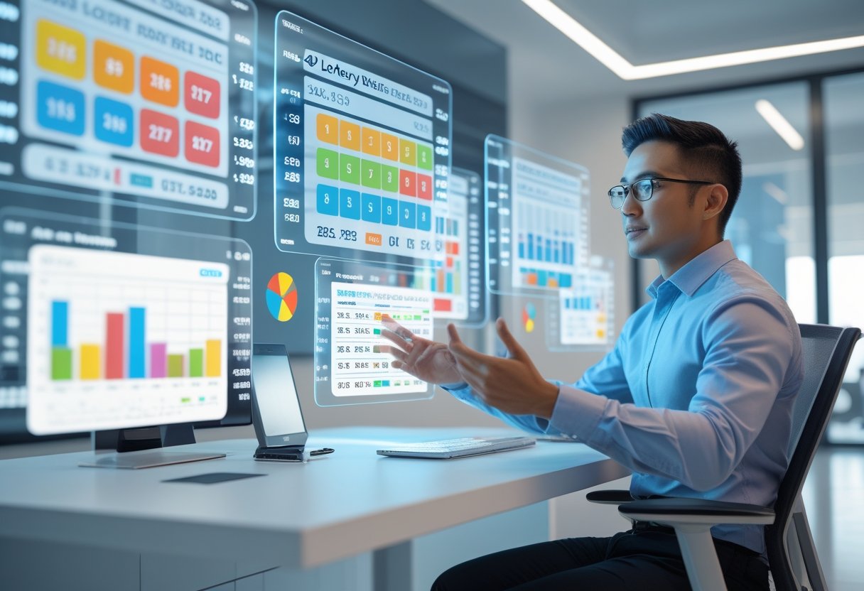 A person analyzing colorful digital charts and graphs related to number prediction on transparent floating screens in a modern office.