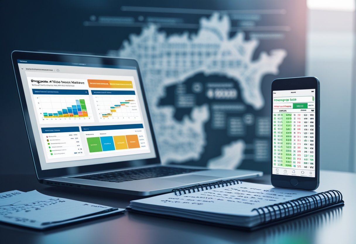 A workspace with a laptop, smartphone, and notebook showing lottery prediction data, with a blurred Singapore cityscape in the background.