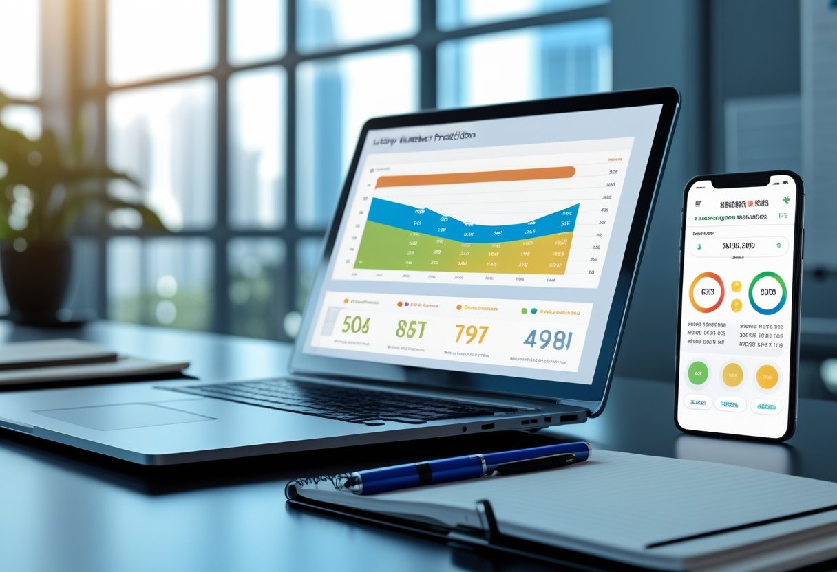 A modern workspace with a laptop showing charts, a notebook, and a smartphone displaying lottery number data.