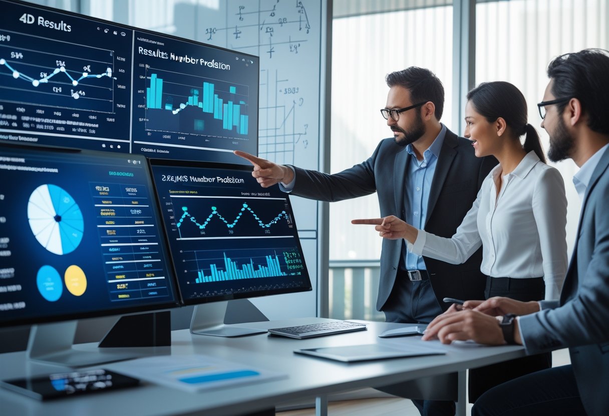 A group of professionals working together at a desk with multiple screens showing graphs and charts related to data analysis.