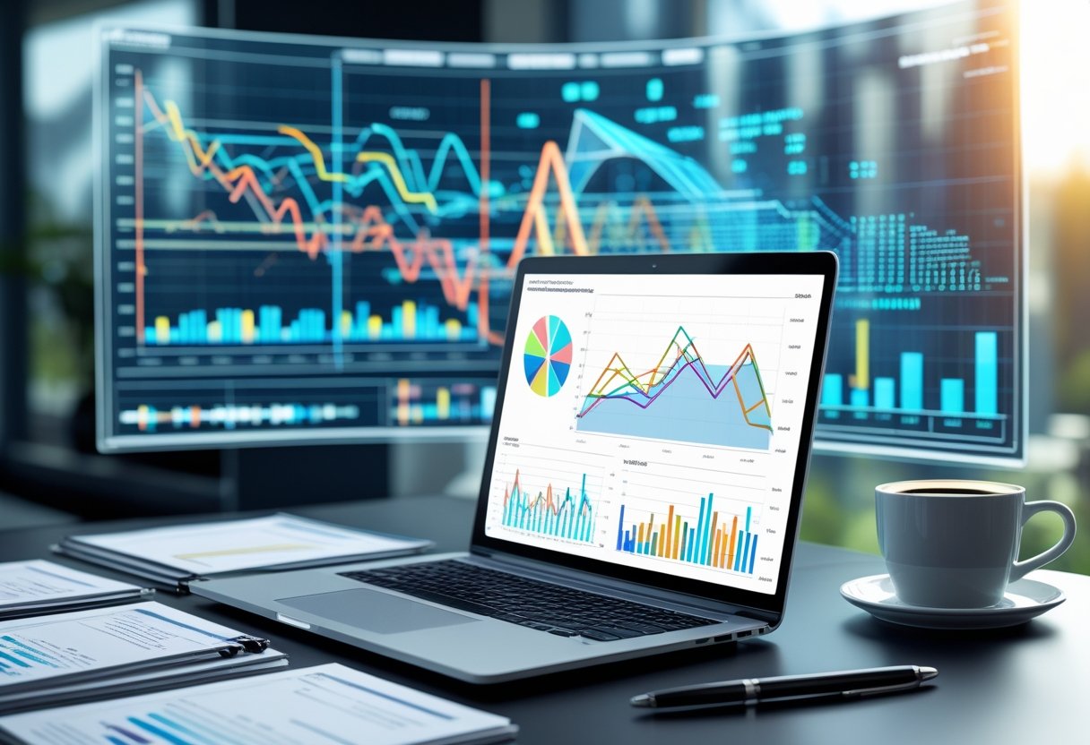 A workspace with a laptop showing charts and graphs, surrounded by documents and a cup of coffee, with a digital screen displaying multi-dimensional data visualizations in the background.