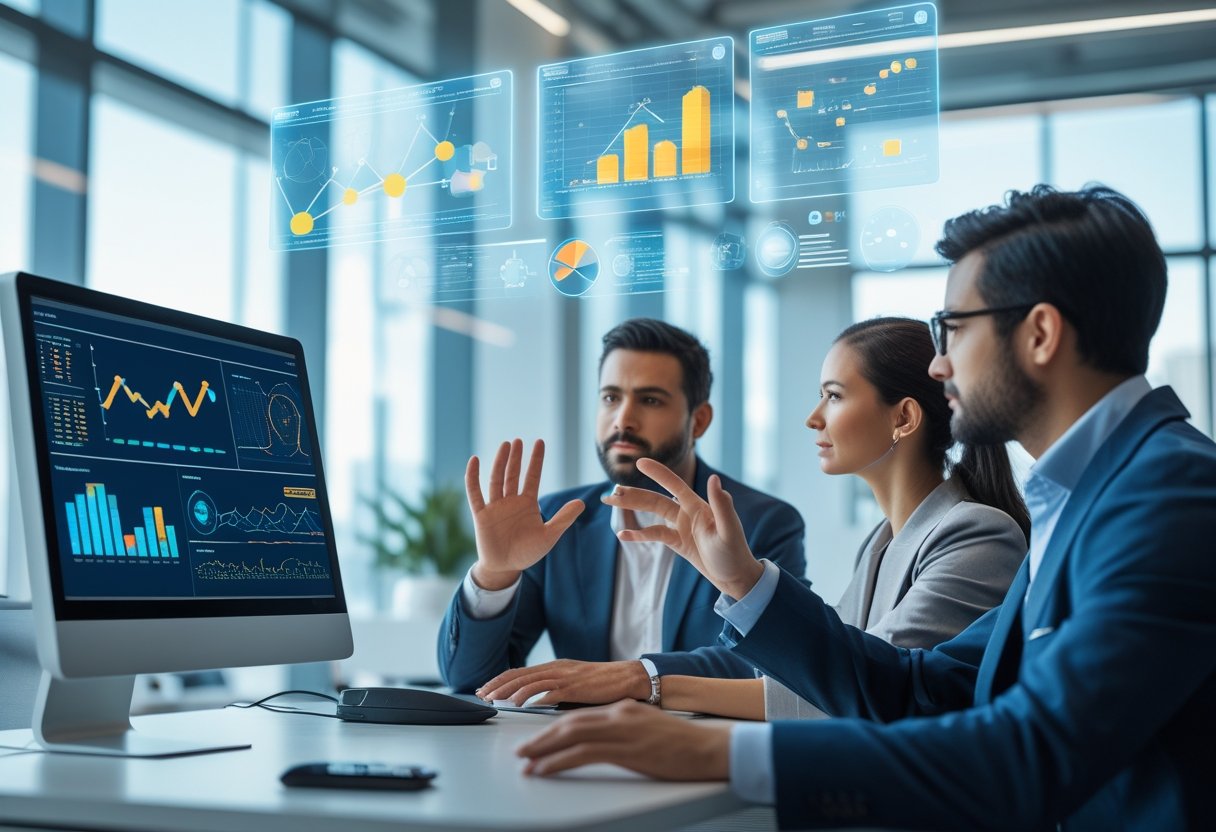 A group of professionals interacting with 3D holographic data projections in a modern office.