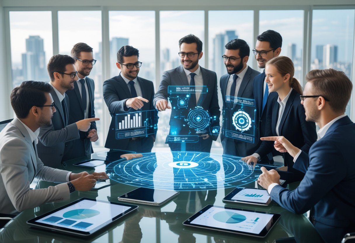 A group of business professionals collaborating around a table with digital devices and holographic data projections in a bright office.