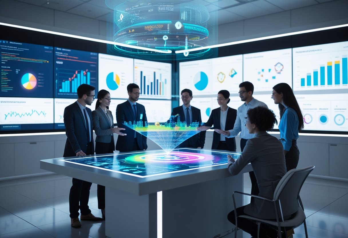 A team of professionals working together around a digital table displaying colorful data visualizations and charts in a modern office.