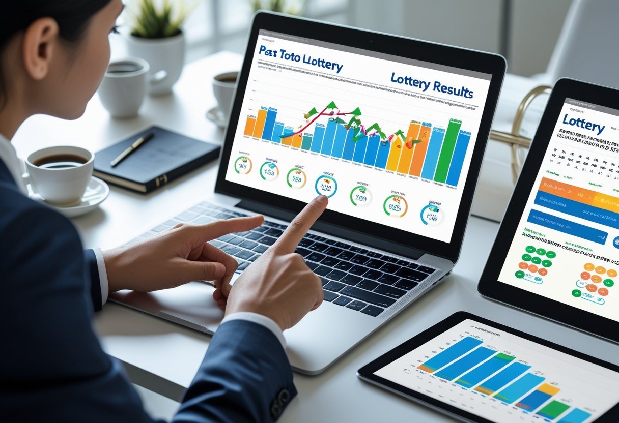 A person analyzing lottery result charts and data on digital devices at a modern office desk.