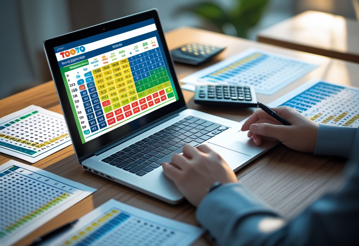Close-up of a workspace with a laptop showing charts and printed sheets of numbers on a wooden desk.