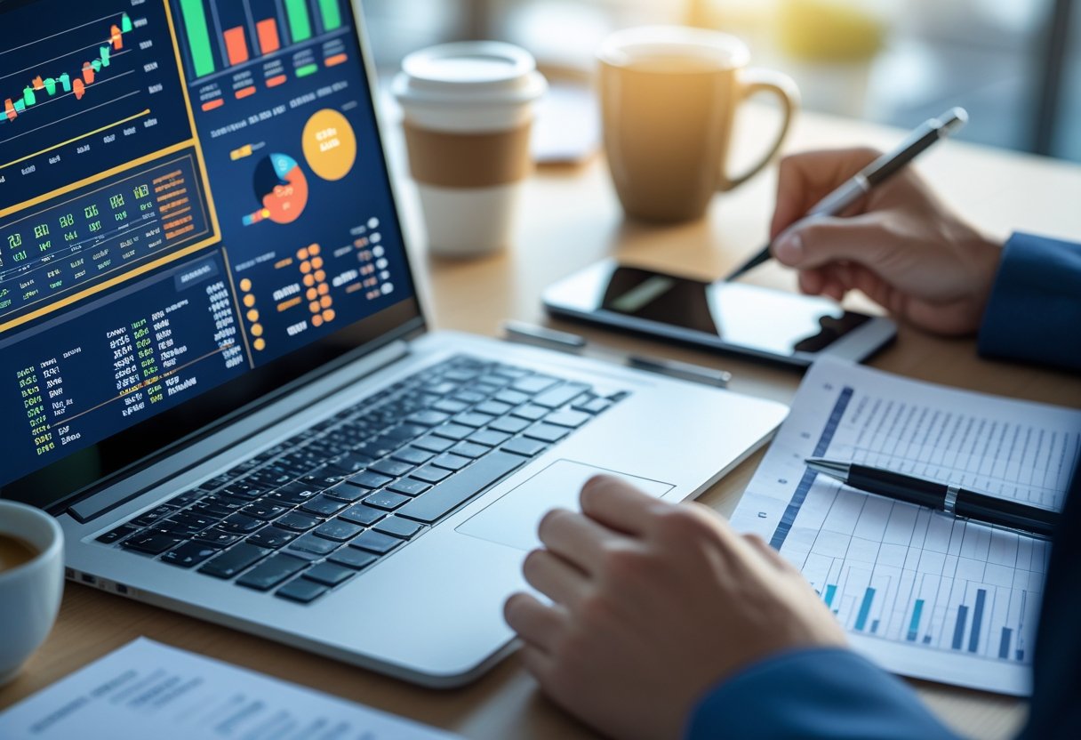 Hands holding a printed sheet with numbers next to a laptop displaying charts and data in a modern office workspace.