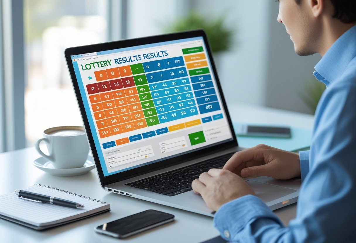 A person sitting at a desk looking at lottery results on a laptop with a coffee cup and smartphone nearby.