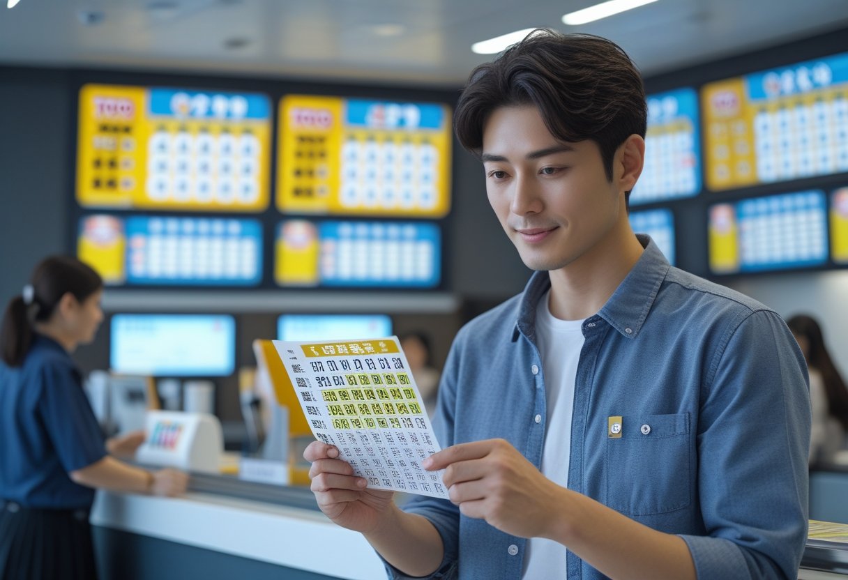 A person checking Toto lottery results on a ticket or mobile device inside a lottery center with digital screens showing numbers in the background.