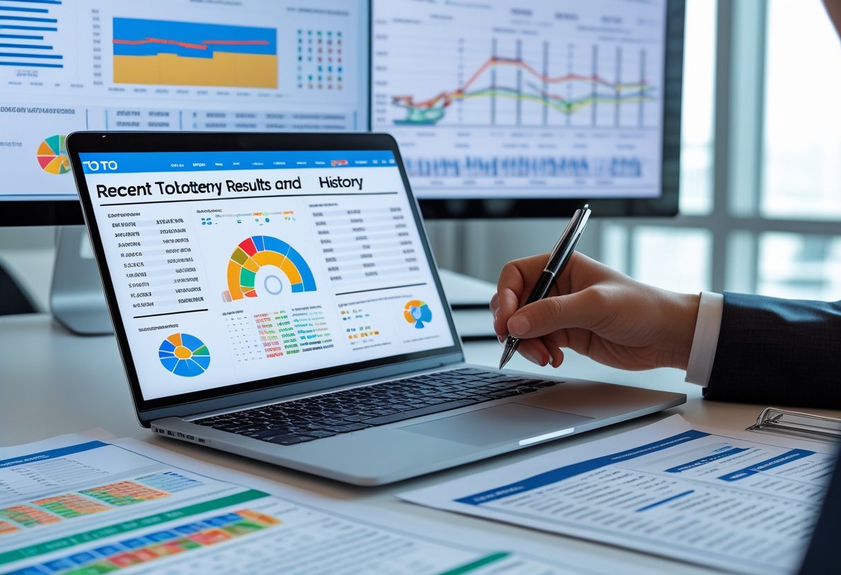 A person analyzing charts and data about lottery results on a laptop and printed documents at a desk.