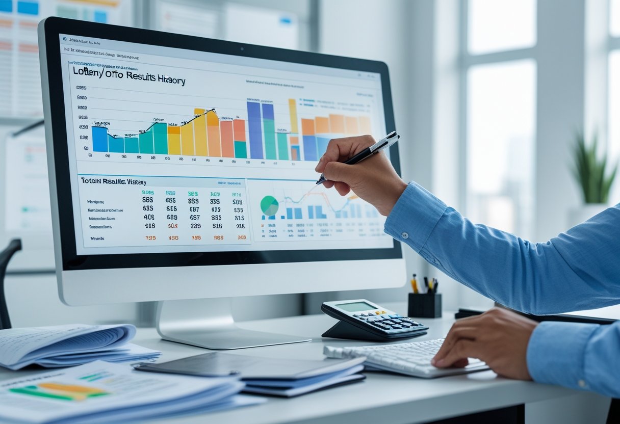 A person pointing at a computer screen displaying colorful charts and graphs with documents and a calculator on a desk in a bright office.