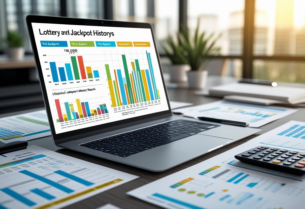 A desk with a laptop showing colorful charts and graphs, surrounded by documents, a pen, and a calculator.