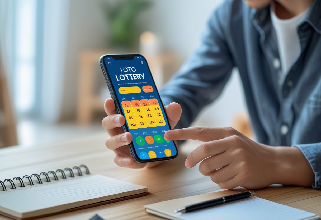 Person holding a smartphone and checking lottery results indoors with a notebook and pen on a table nearby.