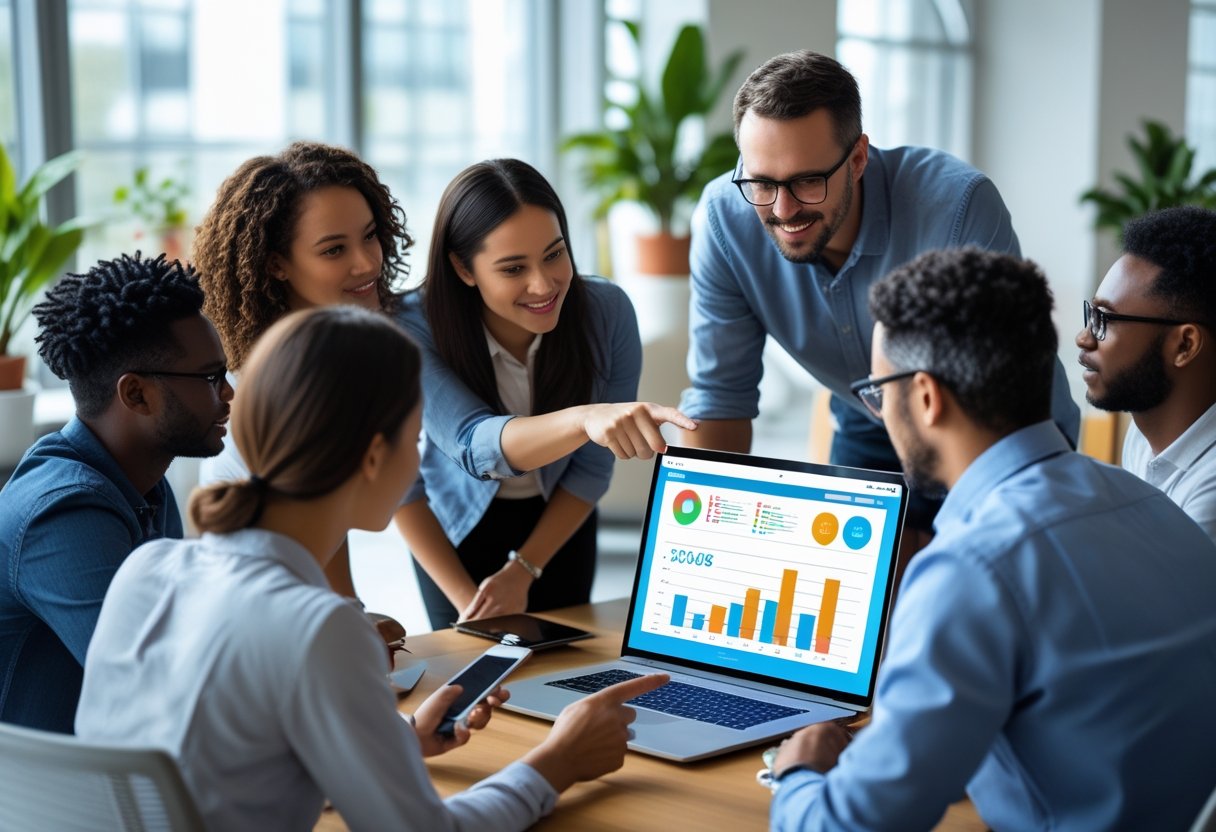 A group of people looking at a laptop screen together in an office, discussing information displayed on the screen.