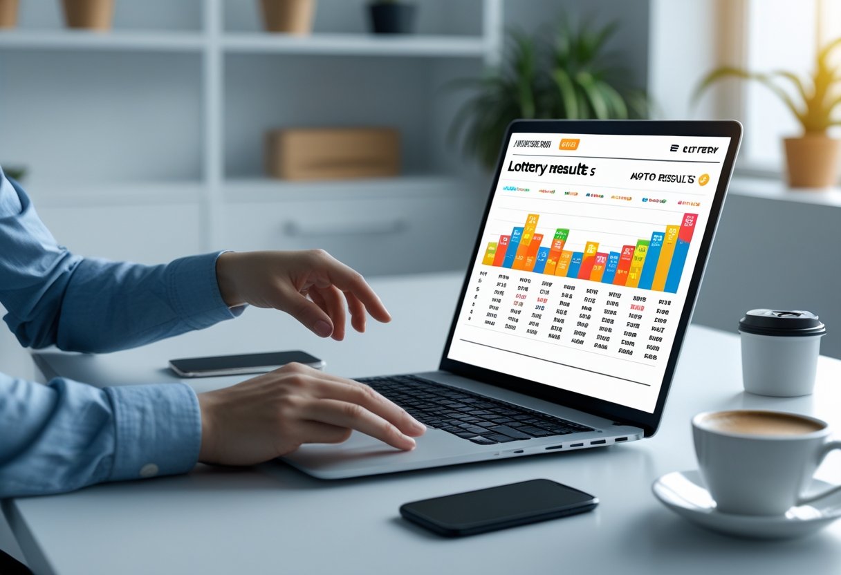 A person using a laptop at a desk to check lottery results with a smartphone and coffee nearby in a modern office setting.