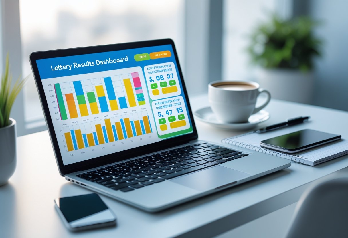 A modern workspace with a laptop showing lottery results, a cup of coffee, a smartphone, and a notepad on a desk.