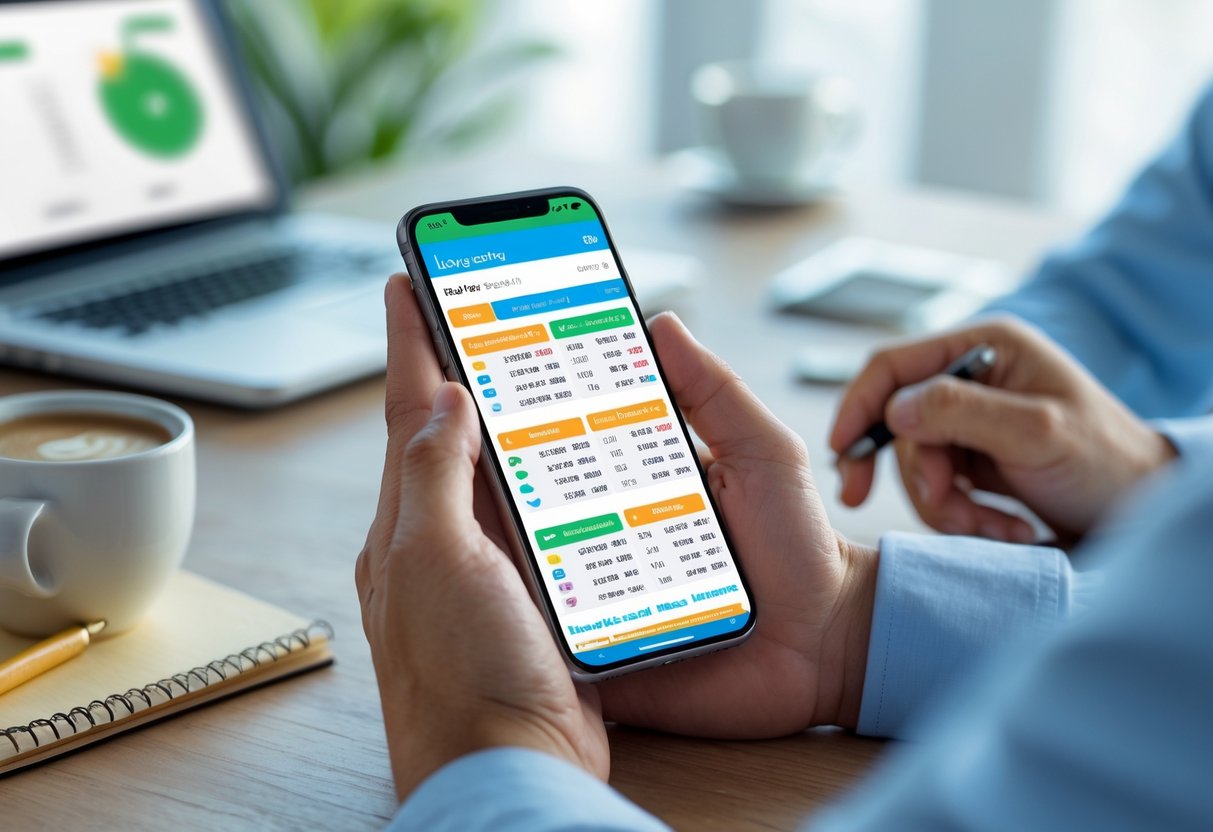 Person checking lottery results on a smartphone while sitting at a desk with a laptop and coffee.