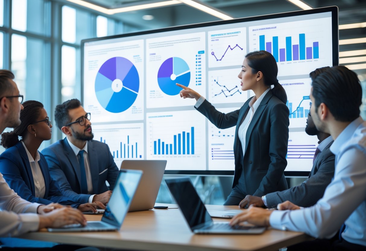 A team of business professionals discussing data visualizations on a large digital screen in a modern office.
