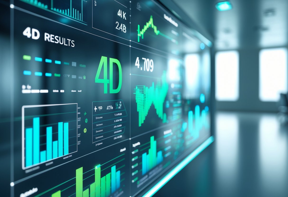 A futuristic digital interface showing glowing data charts and graphs in a high-tech workspace.