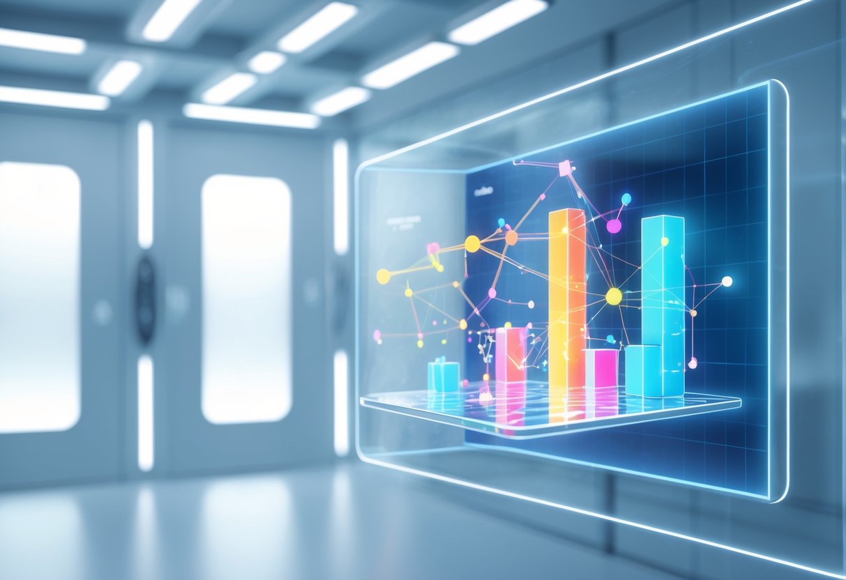 A futuristic digital interface showing colorful four-dimensional data visualizations on a transparent holographic screen in a modern tech environment.