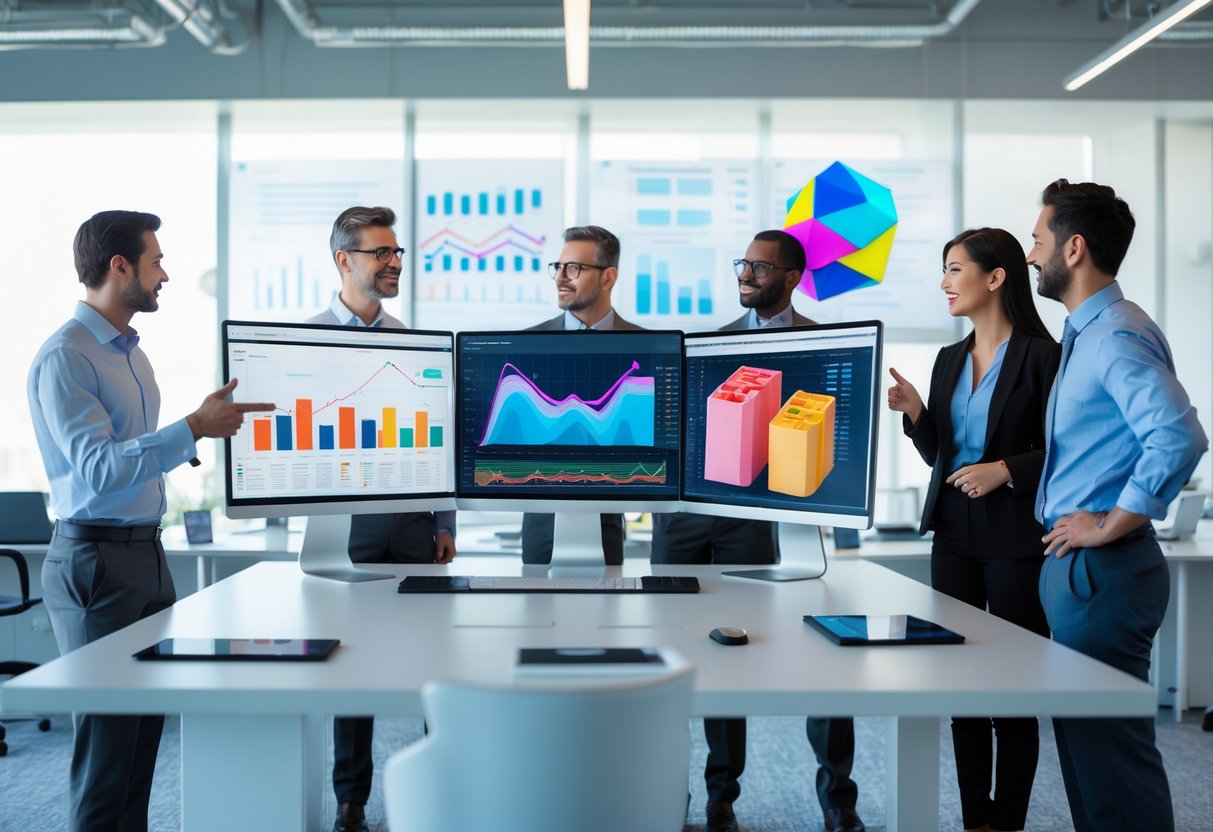 A group of professionals analyzing colorful 3D and 4D data visualizations on multiple computer monitors in a bright modern office.
