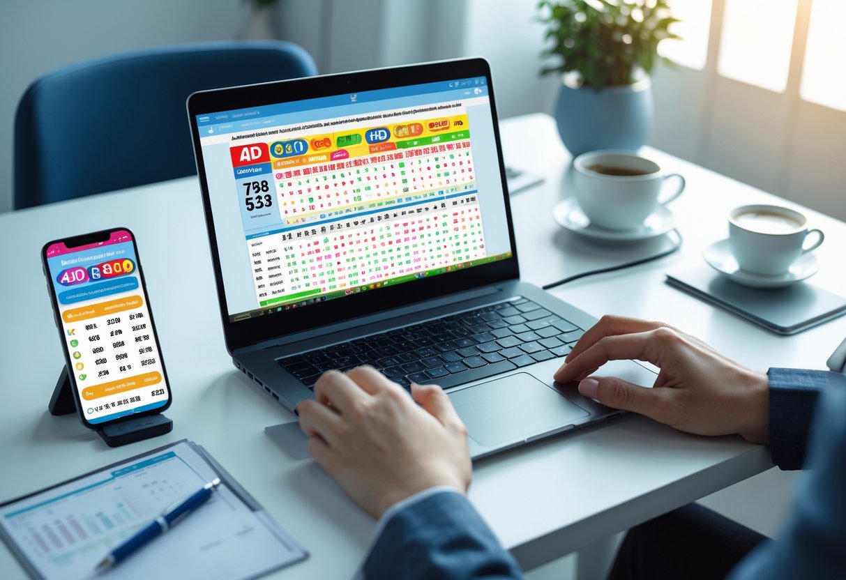 A person using a laptop and smartphone on a clean desk to check lottery results, with a cup of coffee nearby.