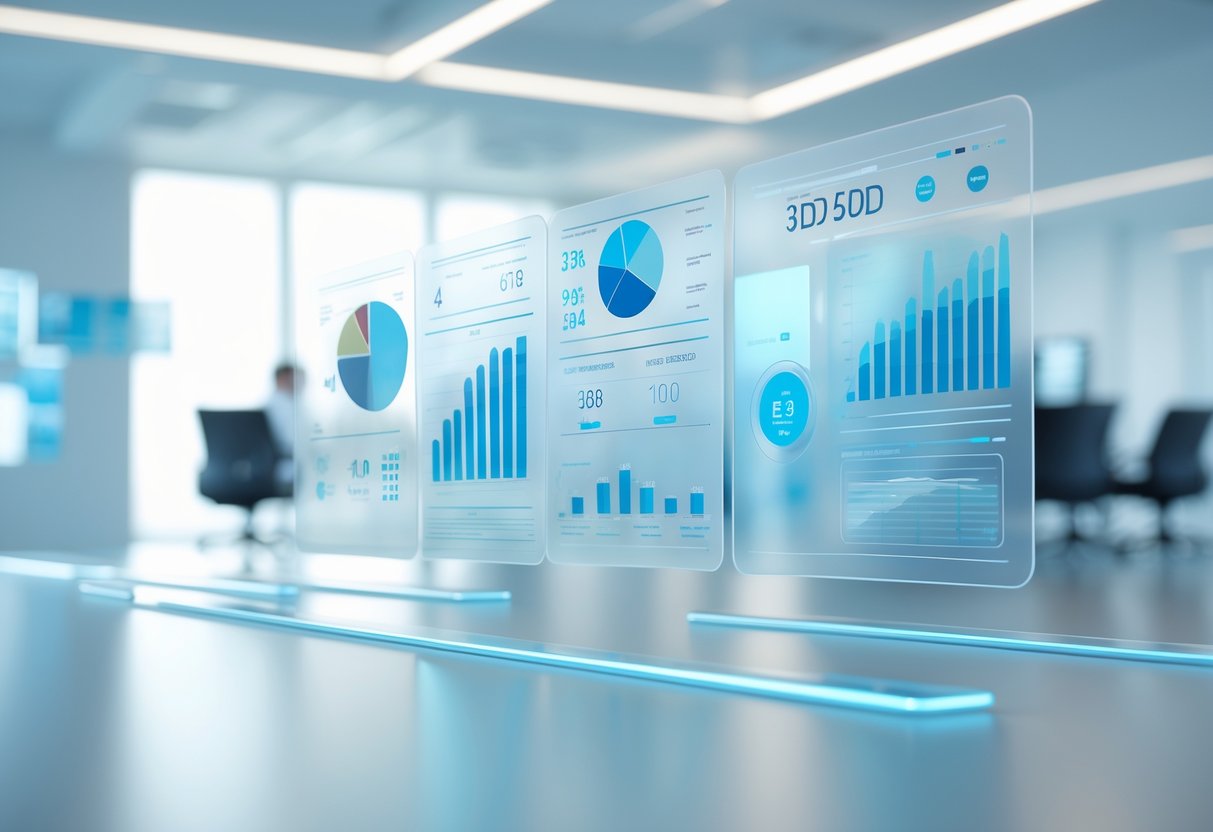 A futuristic 3D digital interface showing floating data charts and graphs in a modern office setting.
