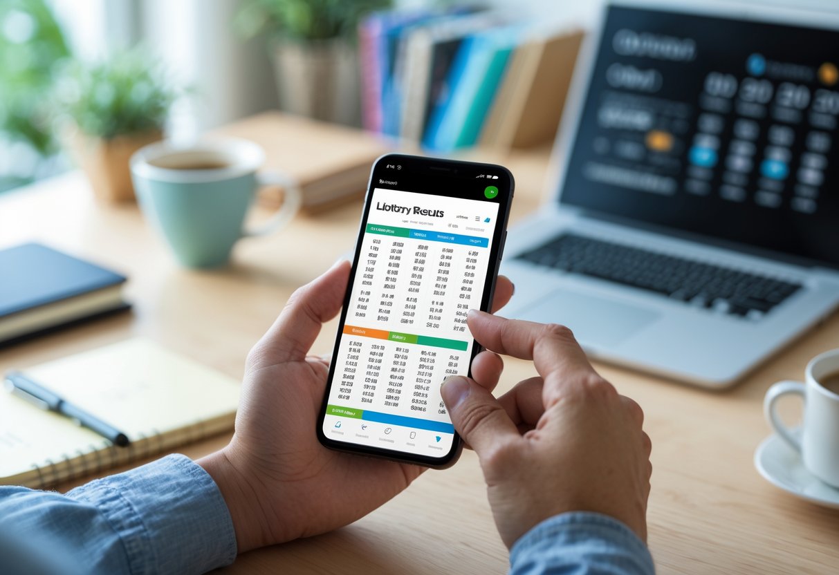 A person holding a smartphone and checking lottery results indoors at a desk with a laptop and coffee cup nearby.