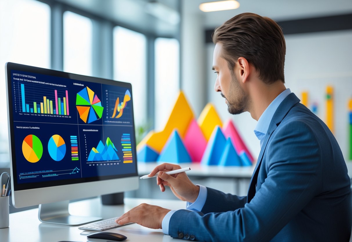 A person analyzing colorful multidimensional data visualizations on a computer screen in a modern office.