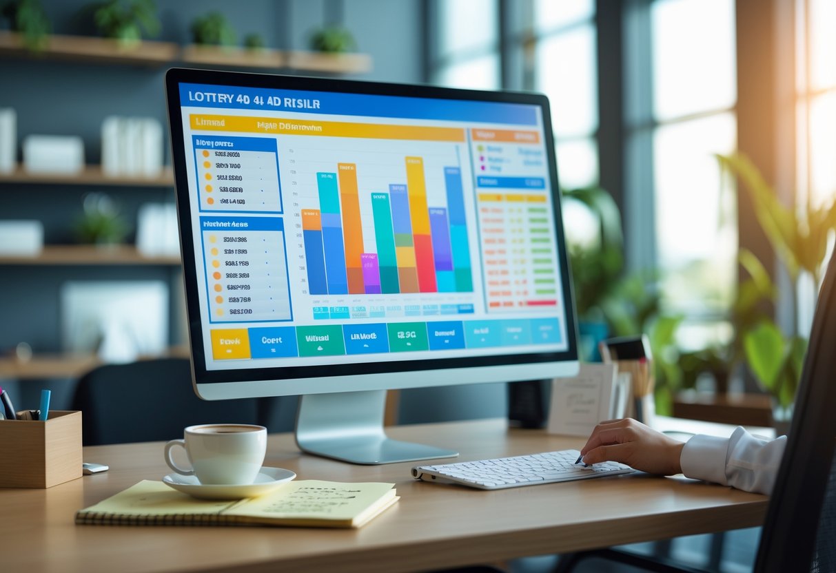 A modern office desk with a computer screen showing colorful charts and graphs, a coffee cup, notebook, and pen, with a blurred office background.
