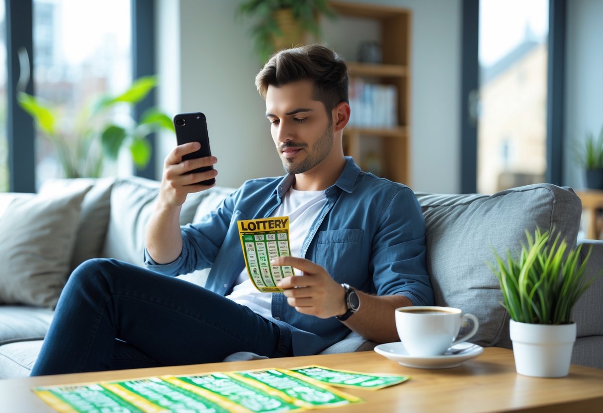 A person sitting on a sofa looking at a smartphone with lottery tickets and a coffee cup on a nearby table.