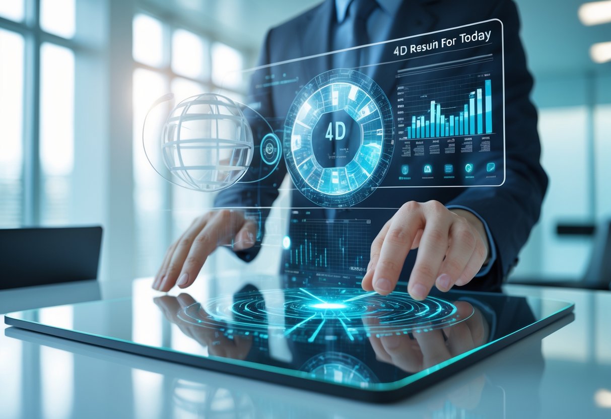 Hands interacting with a futuristic holographic display showing dynamic 3D data in a bright office environment.