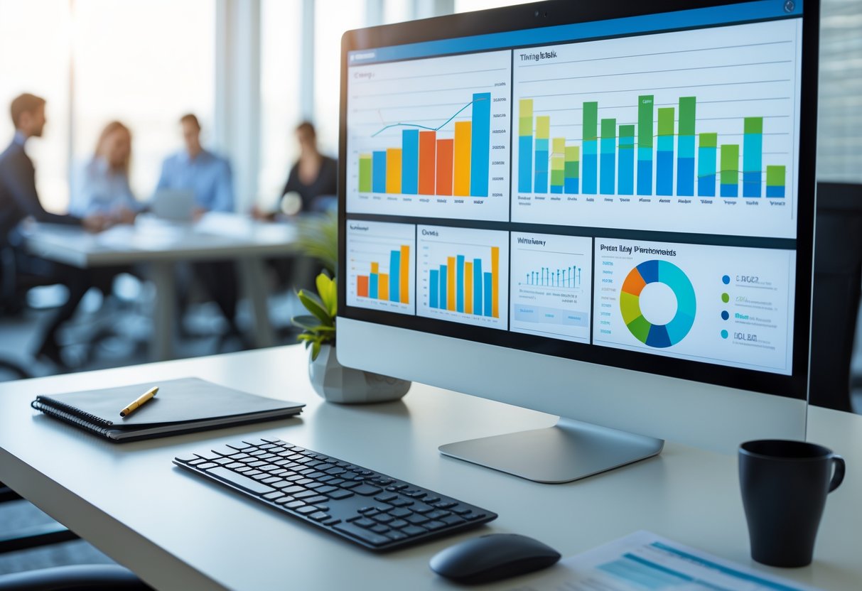 A modern office desk with a computer displaying colorful data charts, a notebook, and office supplies, with people working in the background.