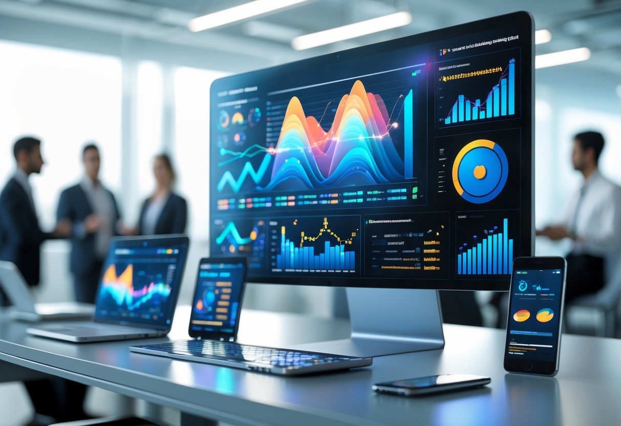 A modern workspace with a computer displaying dynamic 4D data visualizations and multiple digital devices showing synchronized information.