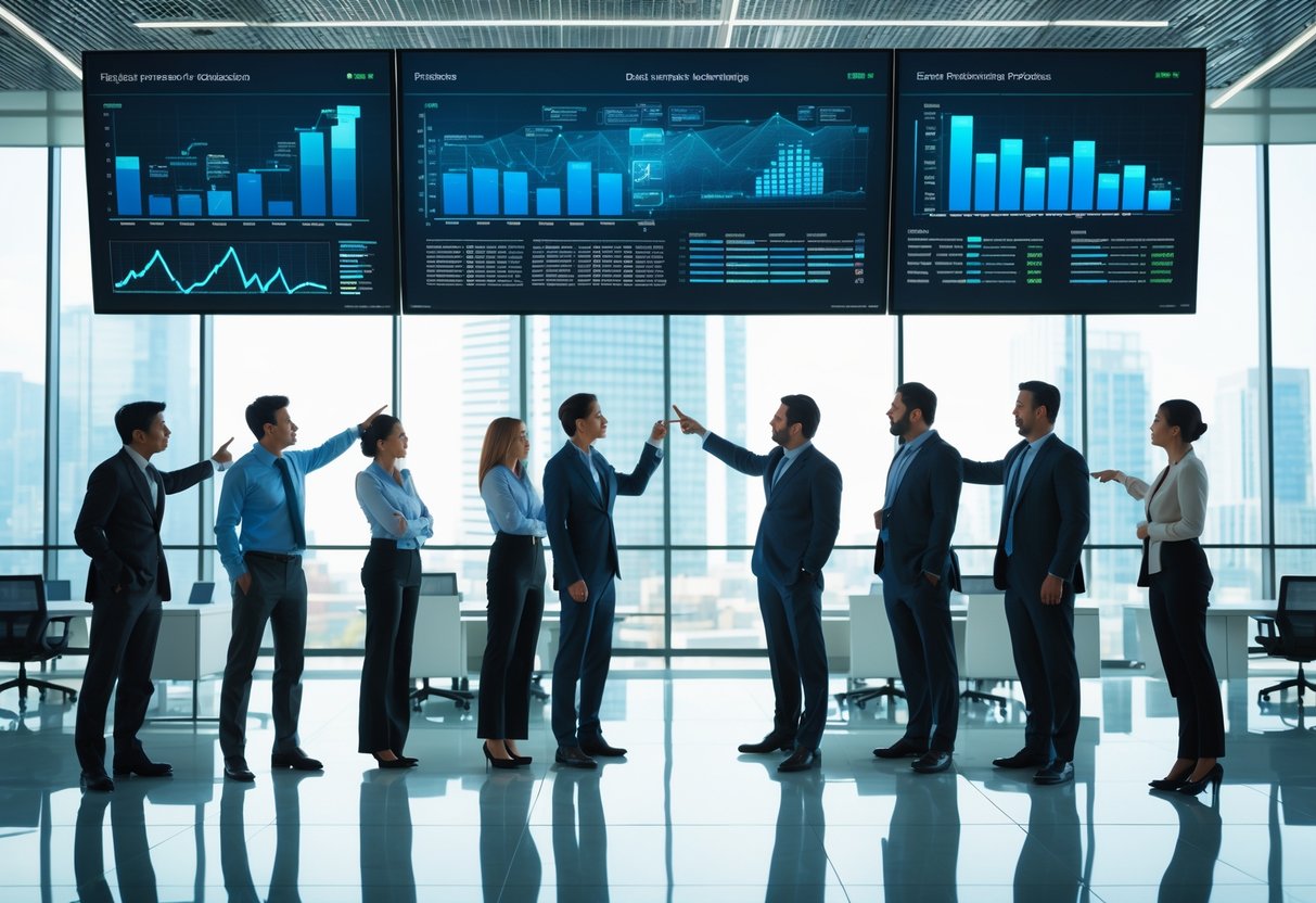 A group of business professionals analyzing data on large digital screens in a modern office.