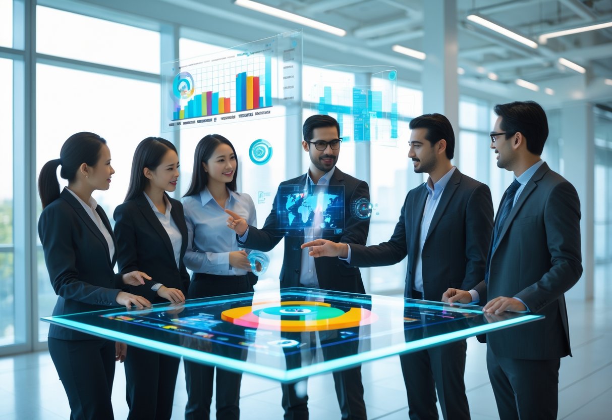 A group of professionals interacting with holographic 3D and 4D data visualizations on a transparent digital table in a bright modern office.