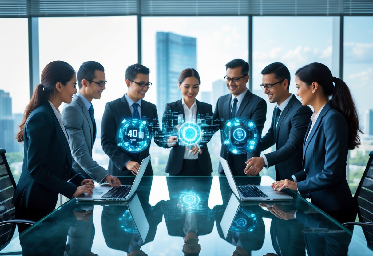 A group of business professionals collaborating around a table with digital devices showing futuristic data visualizations in a bright office with large windows.