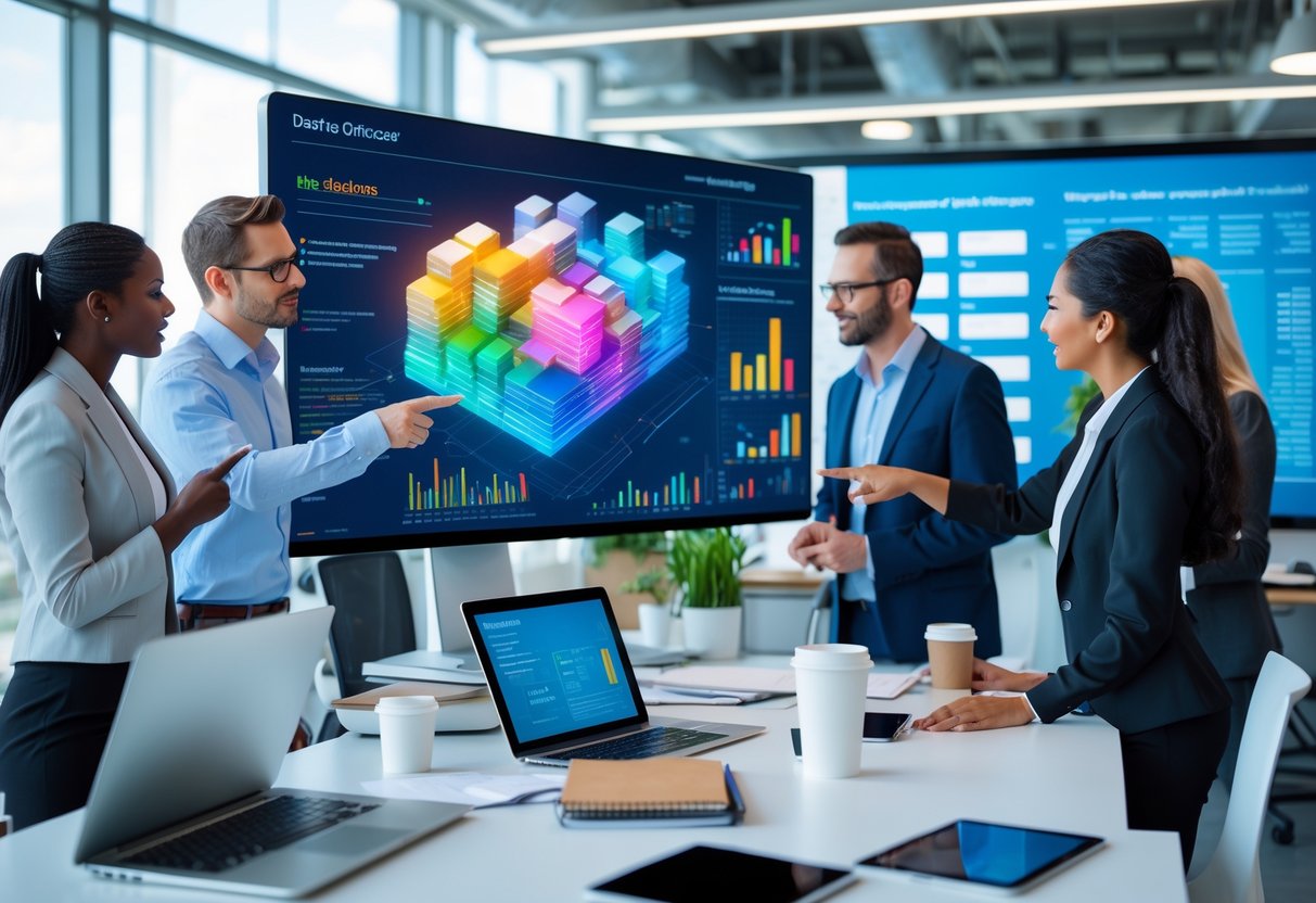 Business professionals collaborating around a computer displaying colorful 4D data visualizations in a bright office.
