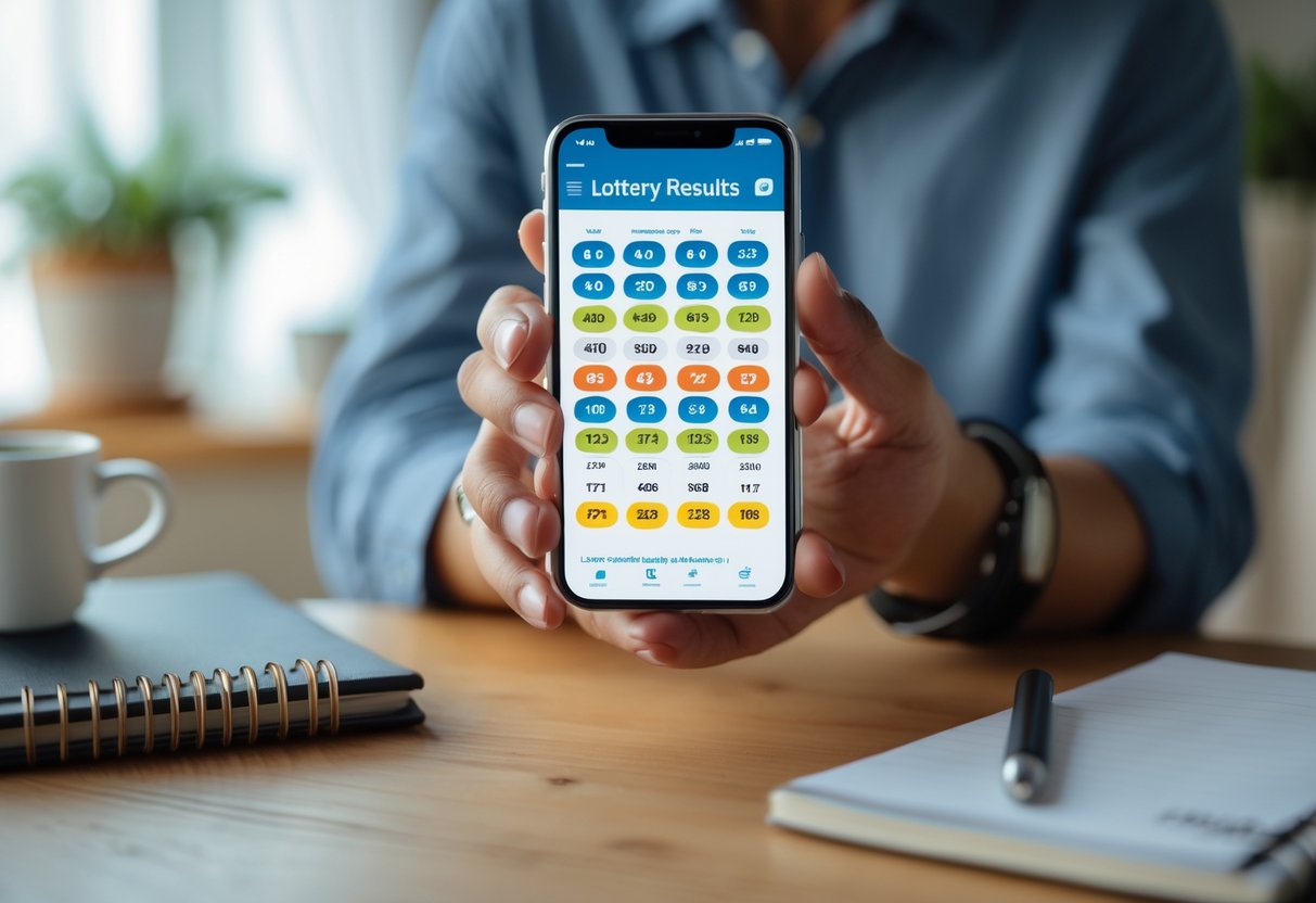 Close-up of a person holding a smartphone displaying lottery results in a home setting.