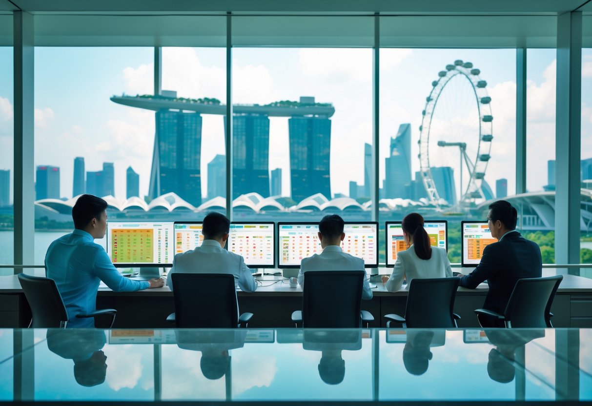 A group of professionals analyzing data on digital screens in an office with a view of Singapore's skyline.