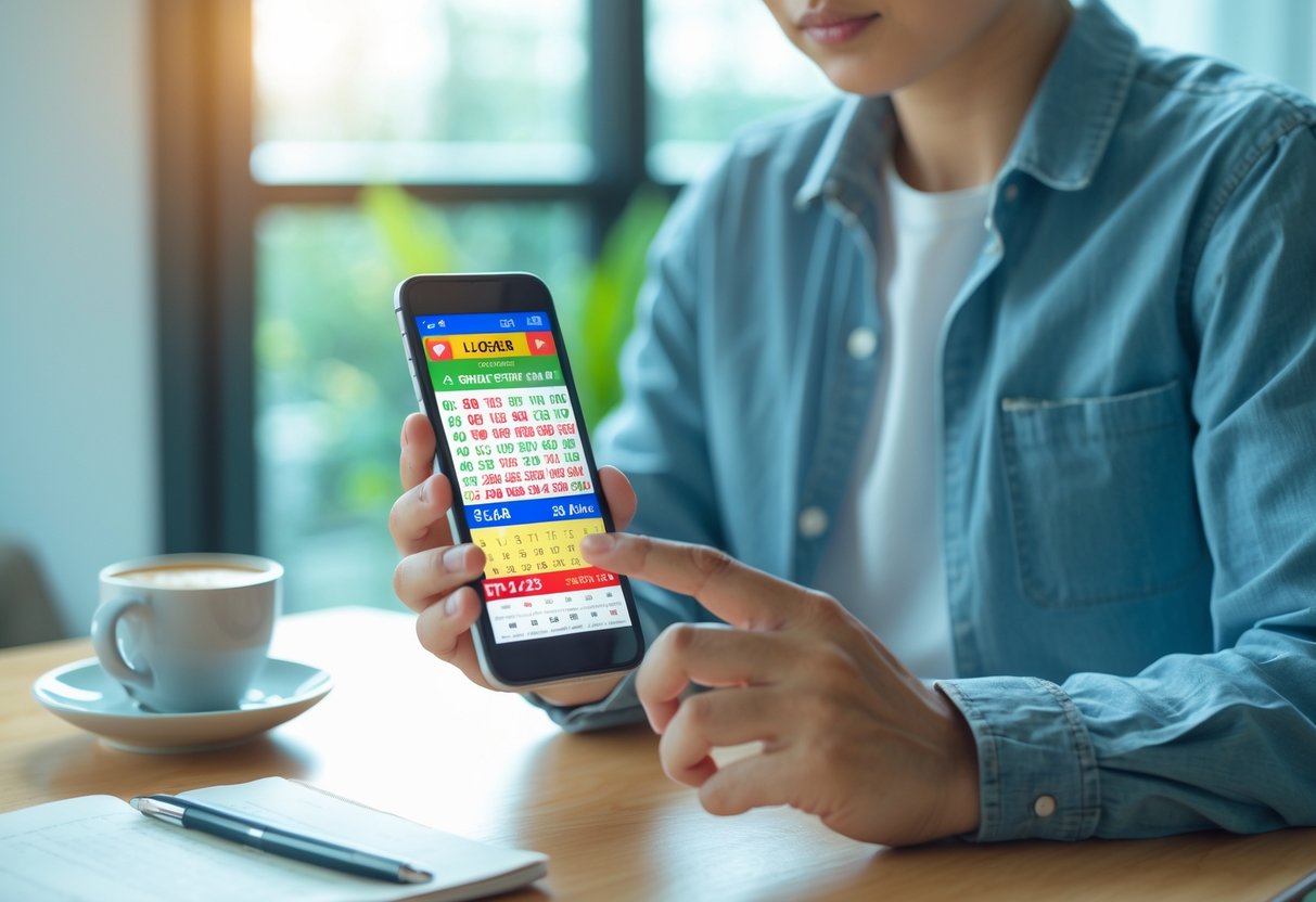 Person holding a smartphone and checking lottery results indoors with a coffee cup and notebook on the table nearby.