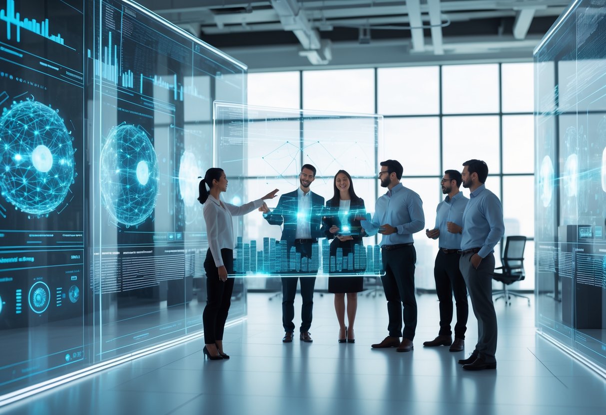 A team of professionals analyzing 3D and time-based data visualizations on transparent digital screens in a modern office.