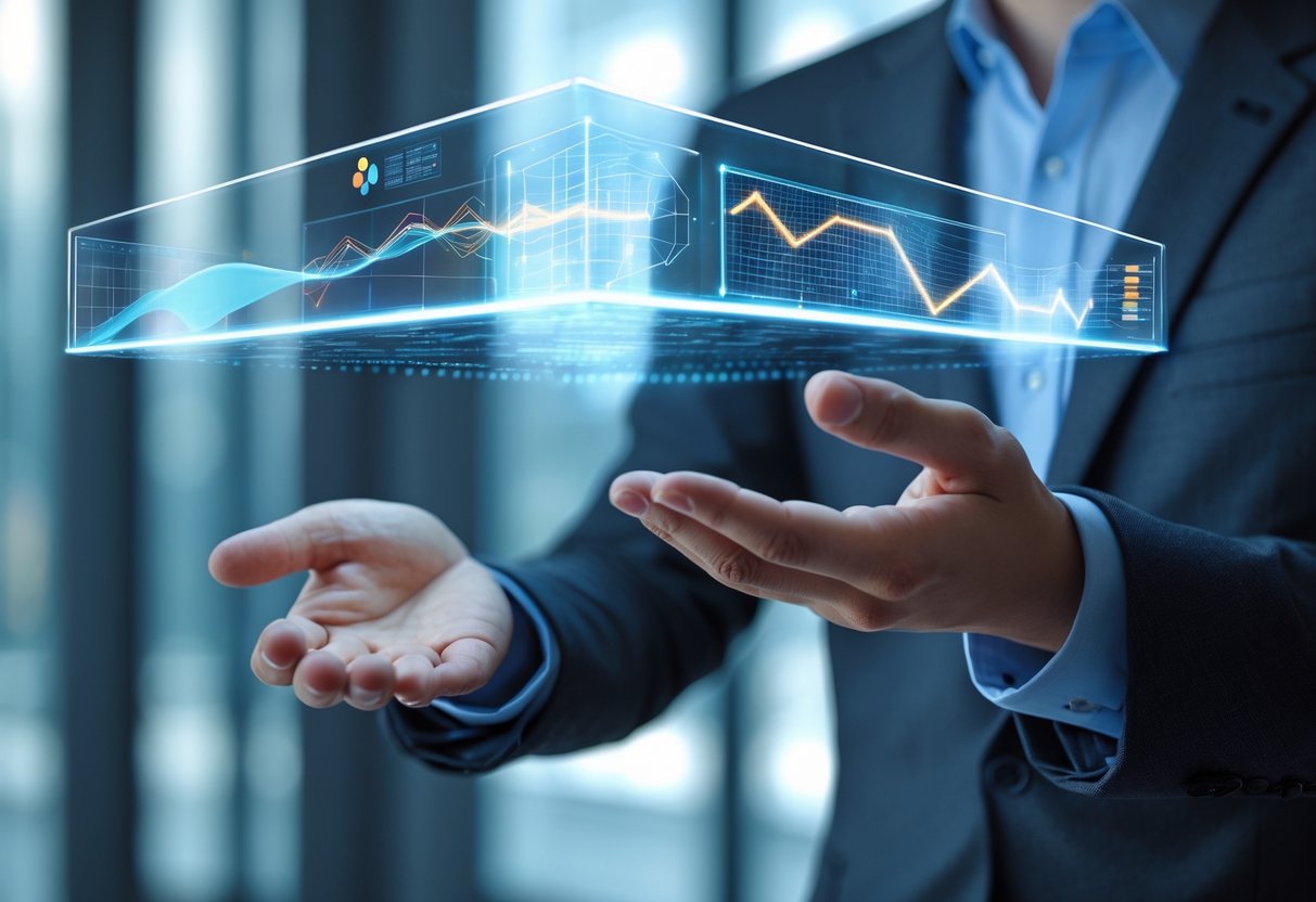 A person holding glowing holographic 3D and 4D data visualizations in a modern office setting.