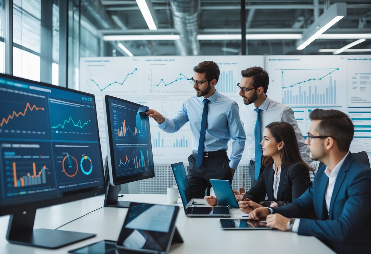 A group of professionals in an office analyzing data on computer screens with charts and graphs, collaborating around a table.