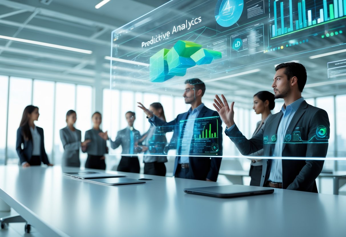 A group of professionals interacting with a holographic digital interface displaying 3D graphs and predictive data in a modern office.