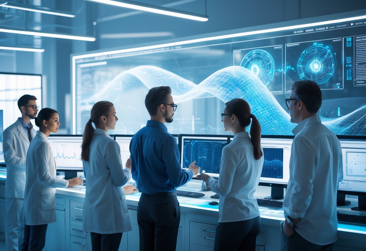 Scientists and engineers collaborating around a large transparent holographic display showing dynamic 3D and 4D data visualizations in a modern laboratory.