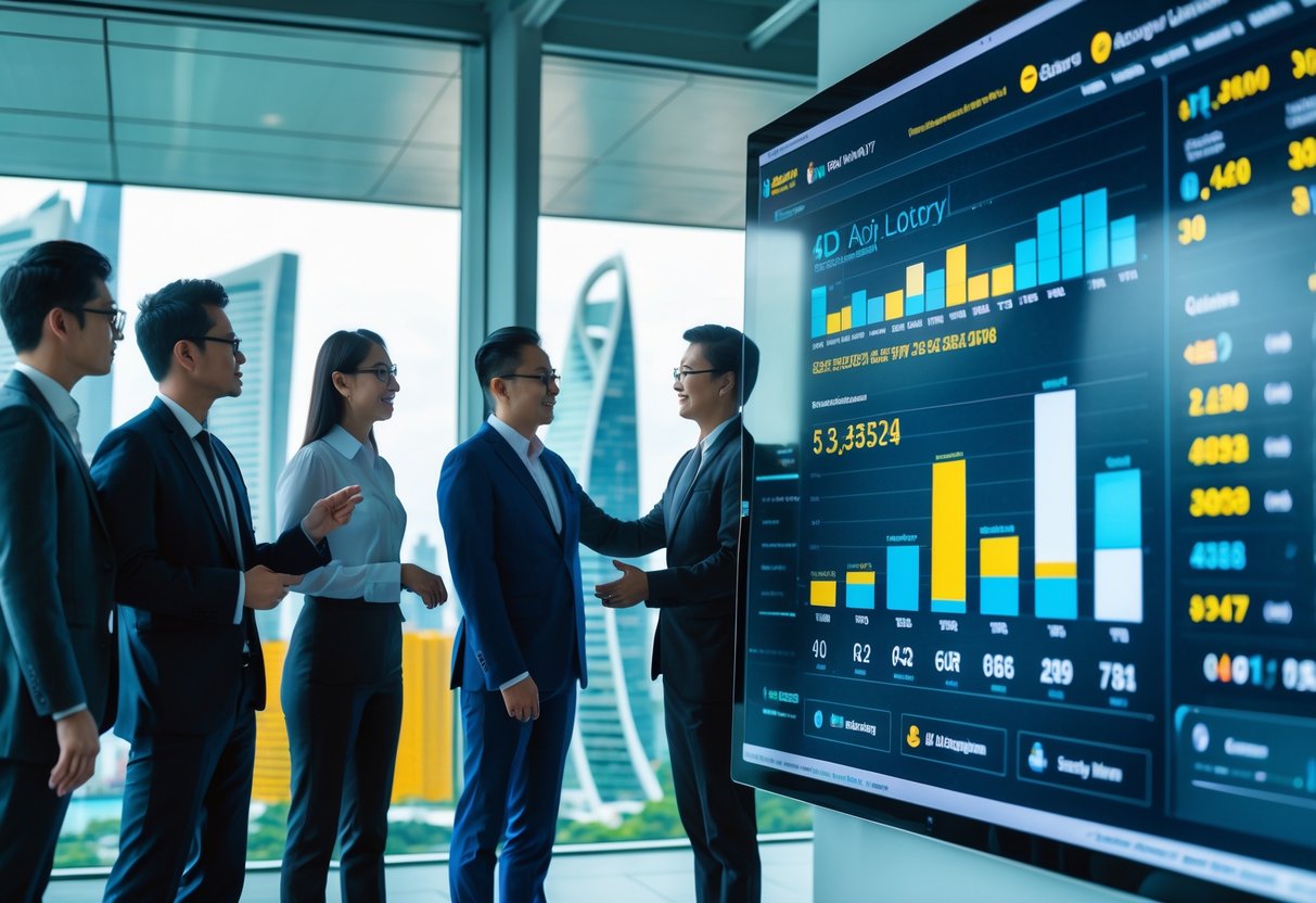 Business professionals analyzing data on a digital touchscreen in an office with a view of Singapore's city skyline.