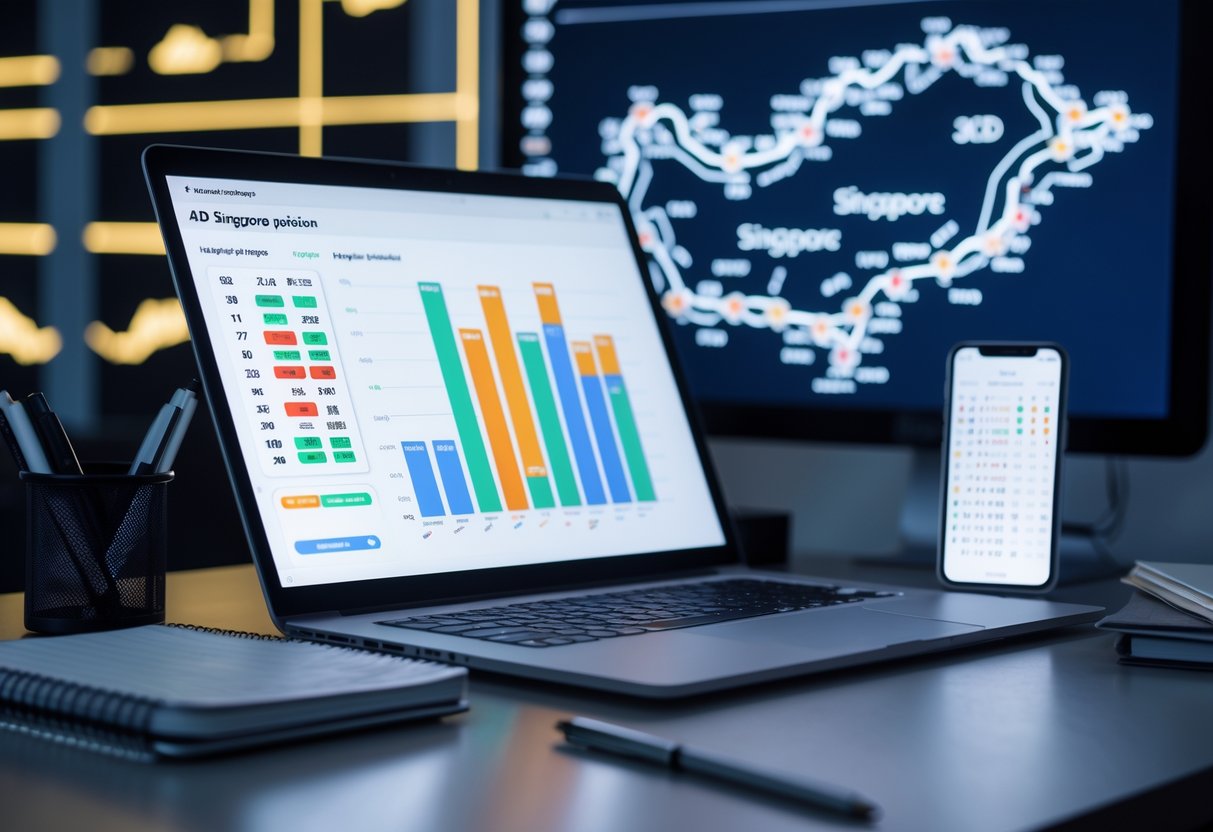 A workspace with a laptop showing colorful charts and graphs, a smartphone, notebooks, and a faint map outline of Singapore in the background.